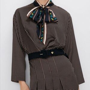 Zara Black and White Polka Dot Midi Dress with Bow Scarf